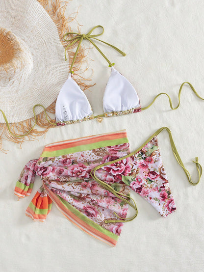 Onefish 2026 Women's Bikini Set, Elegant Floral Print Halter Tie Sexy Bikini Set Set, Women's Resort Wear, Women's Swimwear, Summer, Women's Summer Set, 2026 Summer Women Beach Bikini, Summer Clothing
