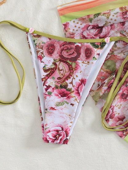 Onefish 2026 Women's Bikini Set, Elegant Floral Print Halter Tie Sexy Bikini Set Set, Women's Resort Wear, Women's Swimwear, Summer, Women's Summer Set, 2026 Summer Women Beach Bikini, Summer Clothing