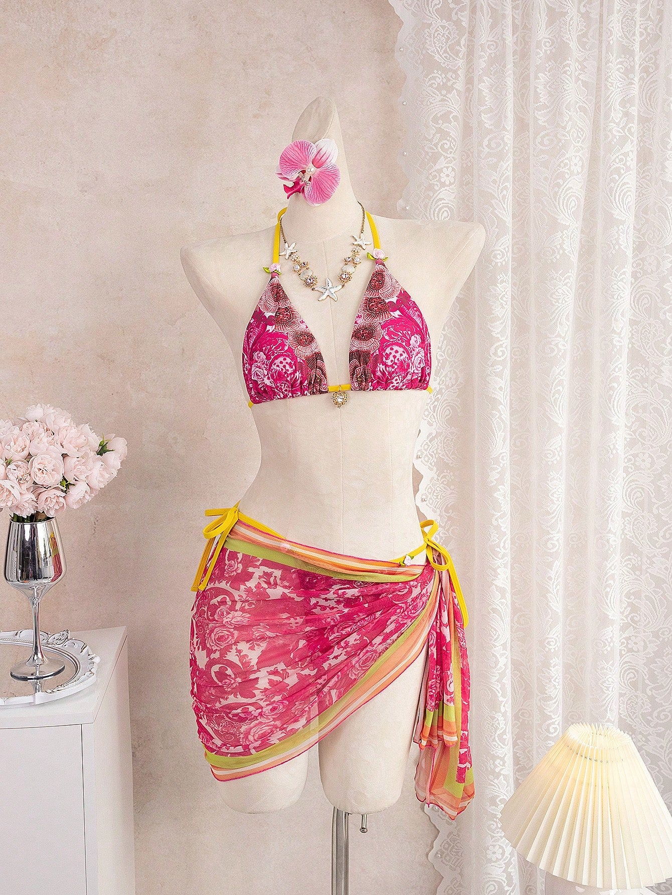 Onefish 2026 Women's Bikini Set, Elegant Floral Print Halter Tie Sexy Bikini Set Set, Women's Resort Wear, Women's Swimwear, Summer, Women's Summer Set, 2026 Summer Women Beach Bikini, Summer Clothing