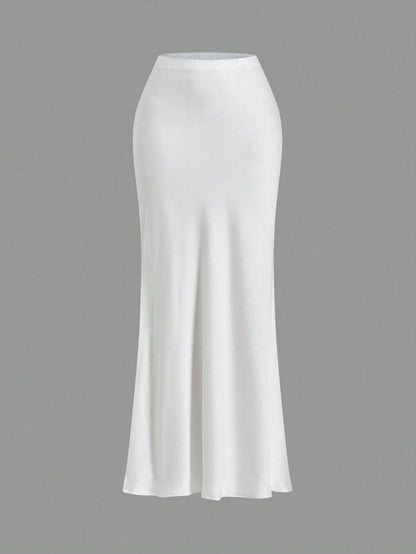 Opulessa White Summer Classy Elegant Brunch Office Women High Waist Mermaid Hem Skirt,Solid Color Woven Business Casual Fall Bohemian Ibiza Western Style