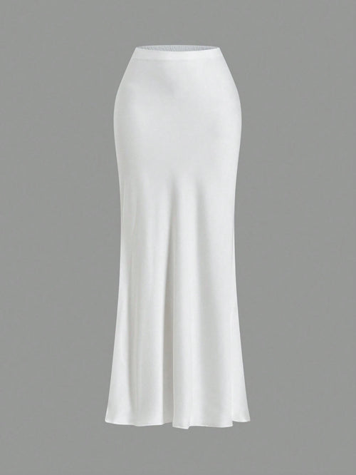 Opulessa White Summer Classy Elegant Brunch Office Women High Waist Mermaid Hem Skirt,Solid Color Woven Business Casual Fall Bohemian Ibiza Western Style