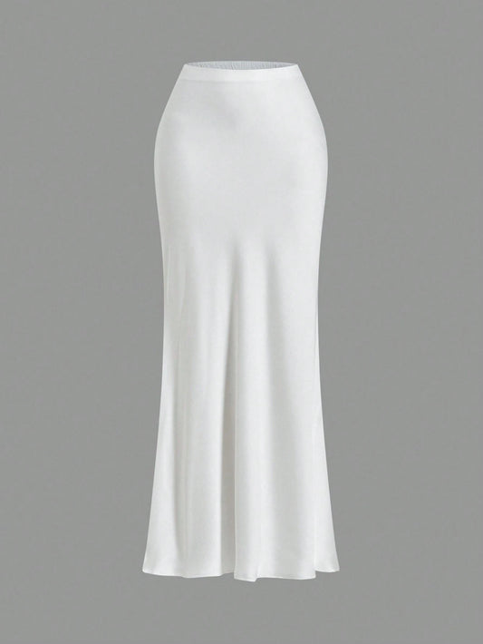 Opulessa White Summer Classy Elegant Brunch Office Women High Waist Mermaid Hem Skirt,Solid Color Woven Business Casual Fall Bohemian Ibiza Western Style