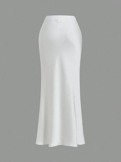 Opulessa White Summer Classy Elegant Brunch Office Women High Waist Mermaid Hem Skirt,Solid Color Woven Business Casual Fall Bohemian Ibiza Western Style