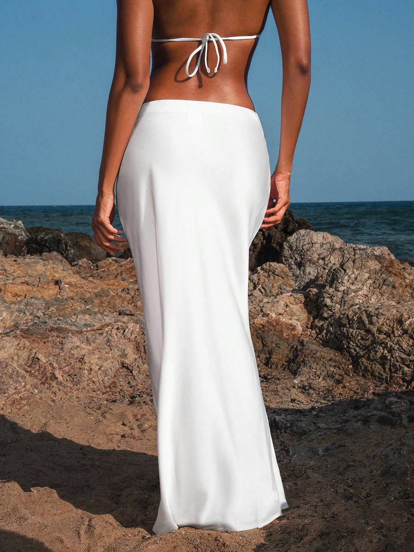 Opulessa White Summer Classy Elegant Brunch Office Women High Waist Mermaid Hem Skirt,Solid Color Woven Business Casual Fall Bohemian Ibiza Western Style
