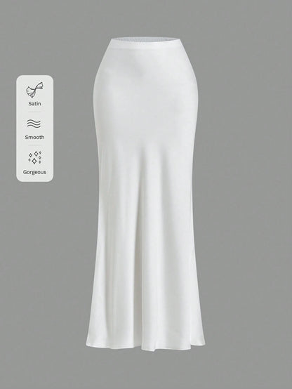 Opulessa White Summer Classy Elegant Brunch Office Women High Waist Mermaid Hem Skirt,Solid Color Woven Business Casual Fall Bohemian Ibiza Western Style