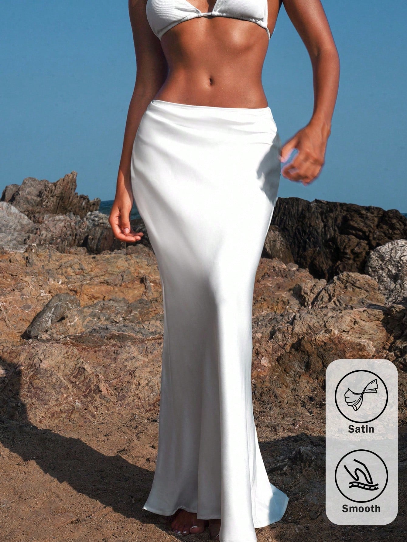 Opulessa White Summer Classy Elegant Brunch Office Women High Waist Mermaid Hem Skirt,Solid Color Woven Business Casual Fall Bohemian Ibiza Western Style