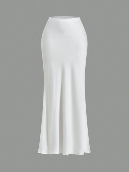 Opulessa White Summer Classy Elegant Brunch Office Women High Waist Mermaid Hem Skirt,Solid Color Woven Business Casual Fall Bohemian Ibiza Western Style