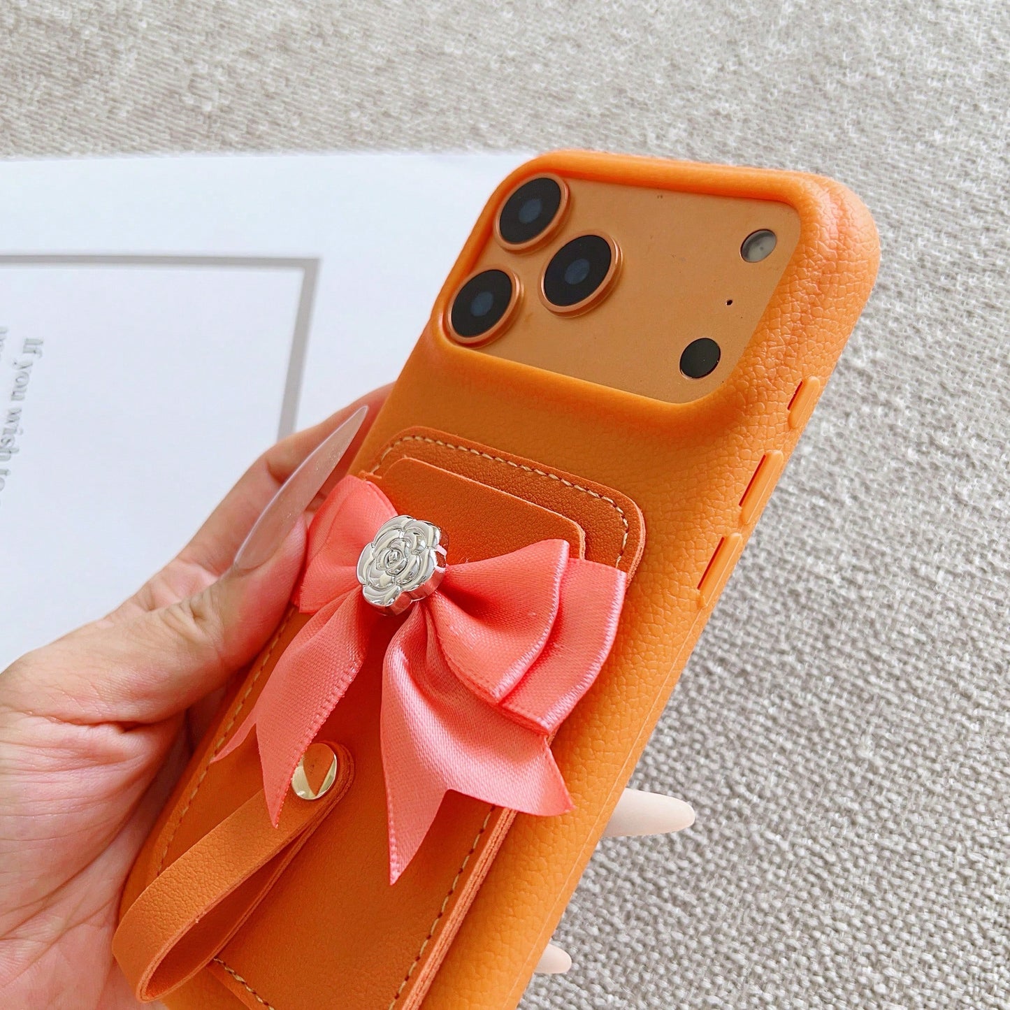 Orange Lychee Leather Card Holder Phone Case, Pink Satin Bow Silver Rose Wrist Strap Elegant Girly Shockproof Cover For IPhone 17 16 15 14 13 Pro Max