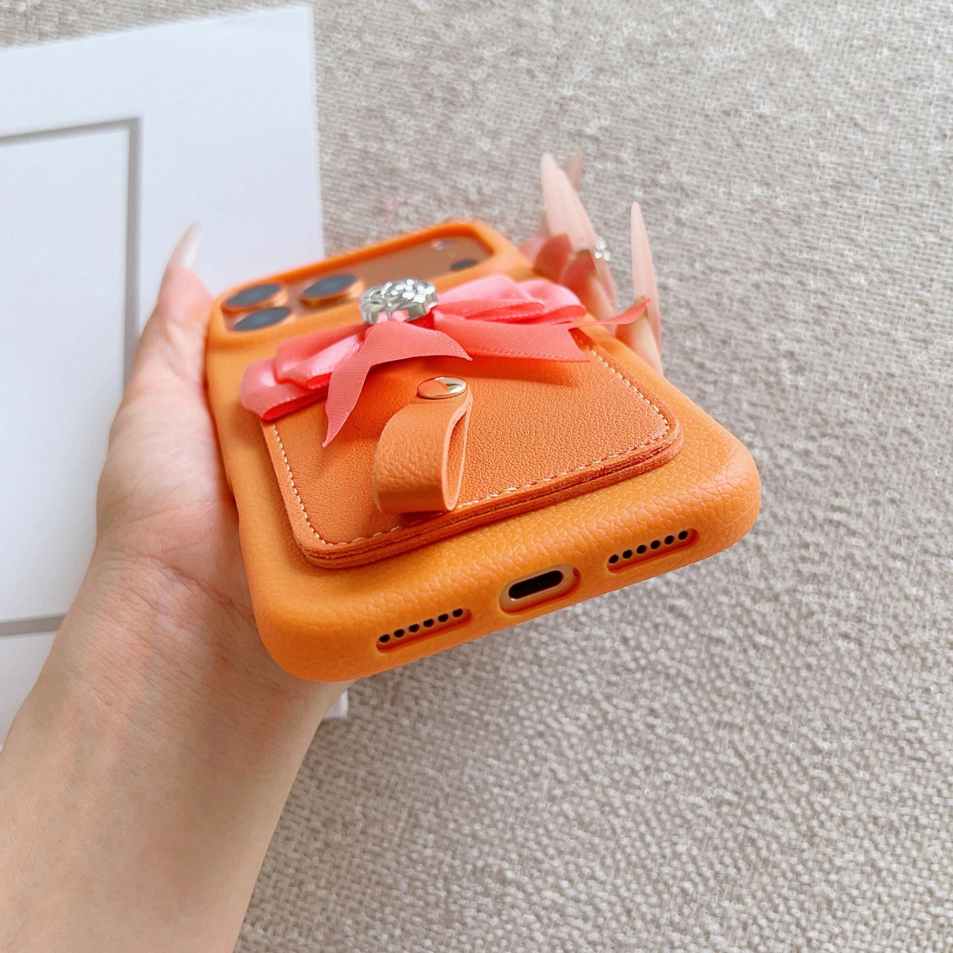 Orange Lychee Leather Card Holder Phone Case, Pink Satin Bow Silver Rose Wrist Strap Elegant Girly Shockproof Cover For IPhone 17 16 15 14 13 Pro Max