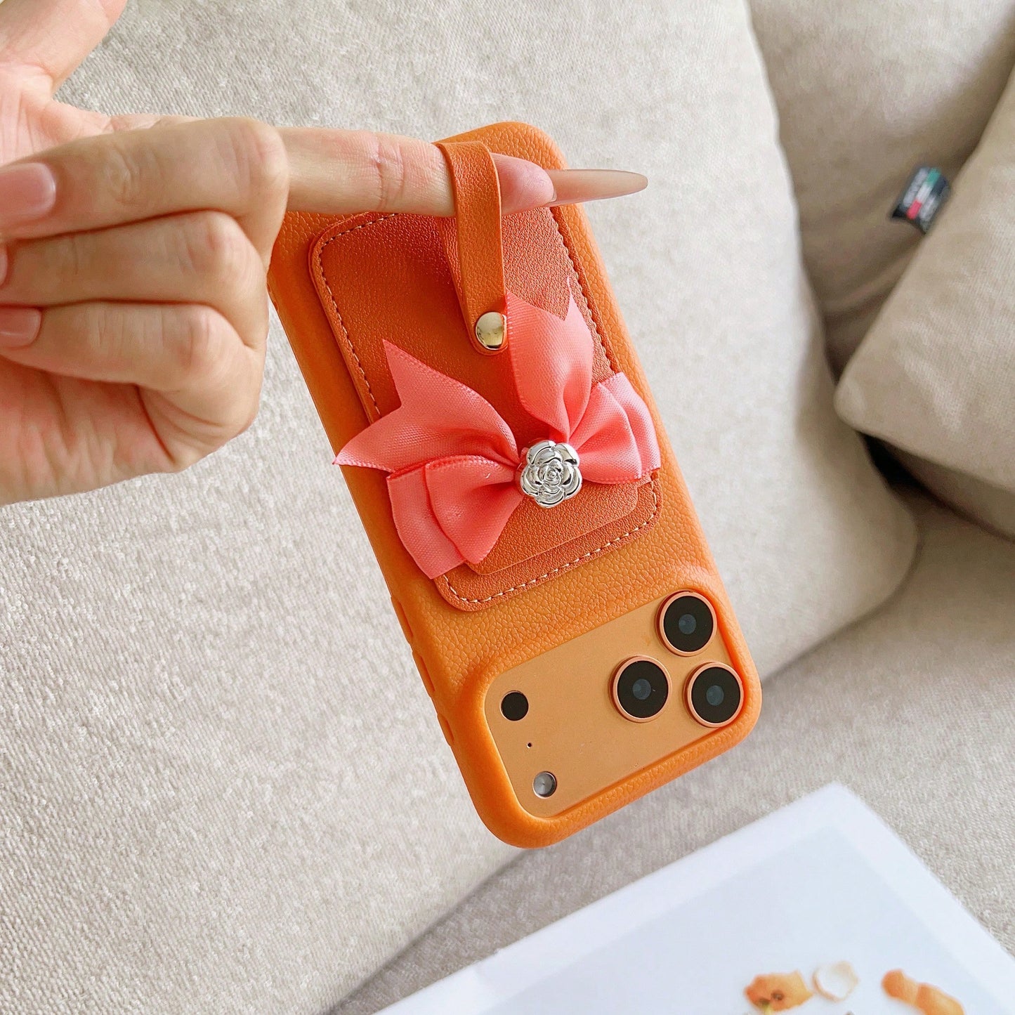 Orange Lychee Leather Card Holder Phone Case, Pink Satin Bow Silver Rose Wrist Strap Elegant Girly Shockproof Cover For IPhone 17 16 15 14 13 Pro Max