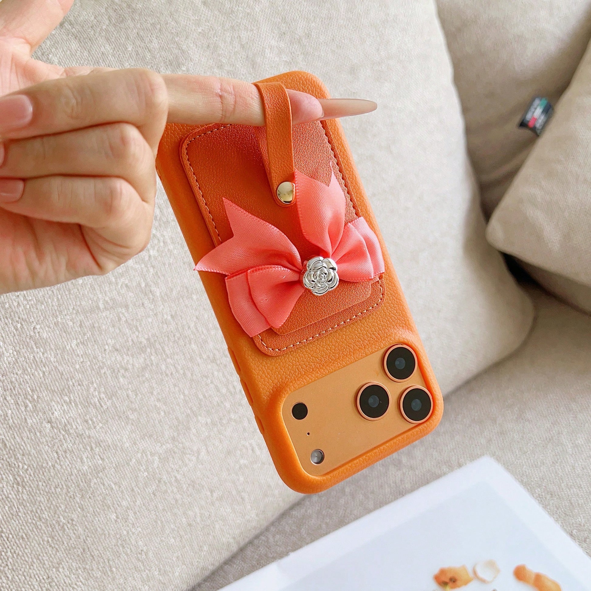 Orange Lychee Leather Card Holder Phone Case, Pink Satin Bow Silver Rose Wrist Strap Elegant Girly Shockproof Cover For IPhone 17 16 15 14 13 Pro Max