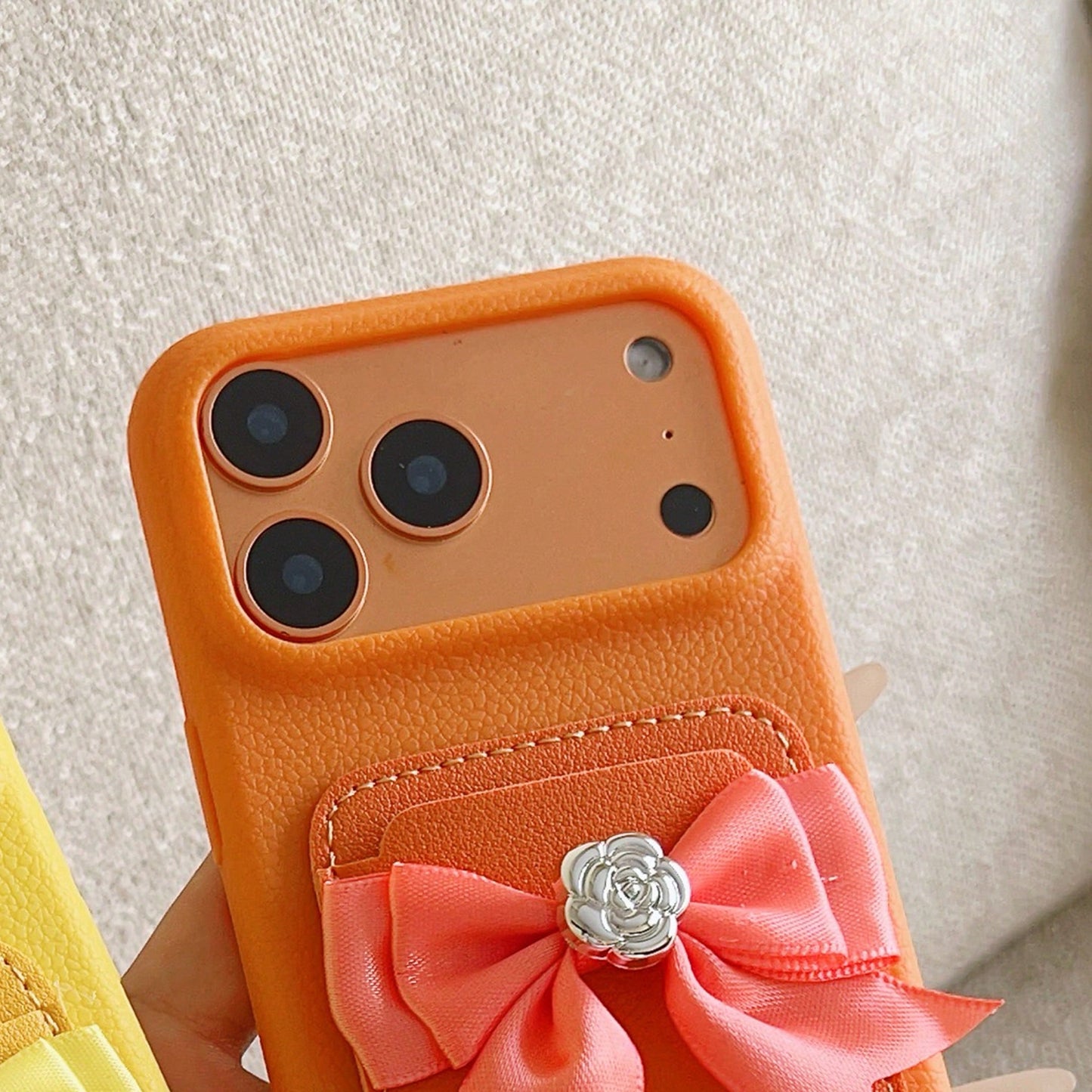 Orange Lychee Leather Card Holder Phone Case, Pink Satin Bow Silver Rose Wrist Strap Elegant Girly Shockproof Cover For IPhone 17 16 15 14 13 Pro Max
