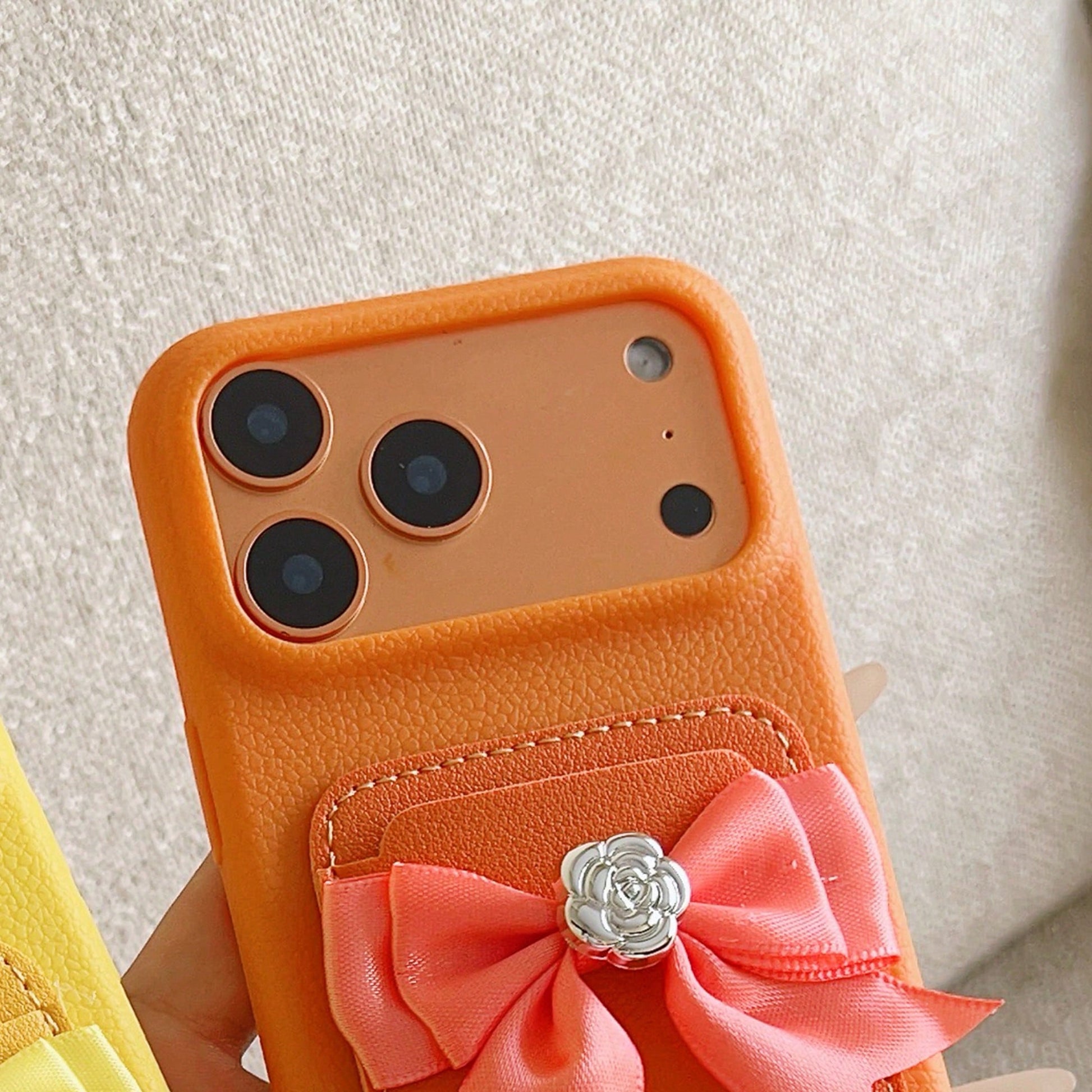 Orange Lychee Leather Card Holder Phone Case, Pink Satin Bow Silver Rose Wrist Strap Elegant Girly Shockproof Cover For IPhone 17 16 15 14 13 Pro Max