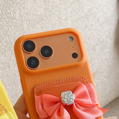 Orange Lychee Leather Card Holder Phone Case, Pink Satin Bow Silver Rose Wrist Strap Elegant Girly Shockproof Cover For IPhone 17 16 15 14 13 Pro Max