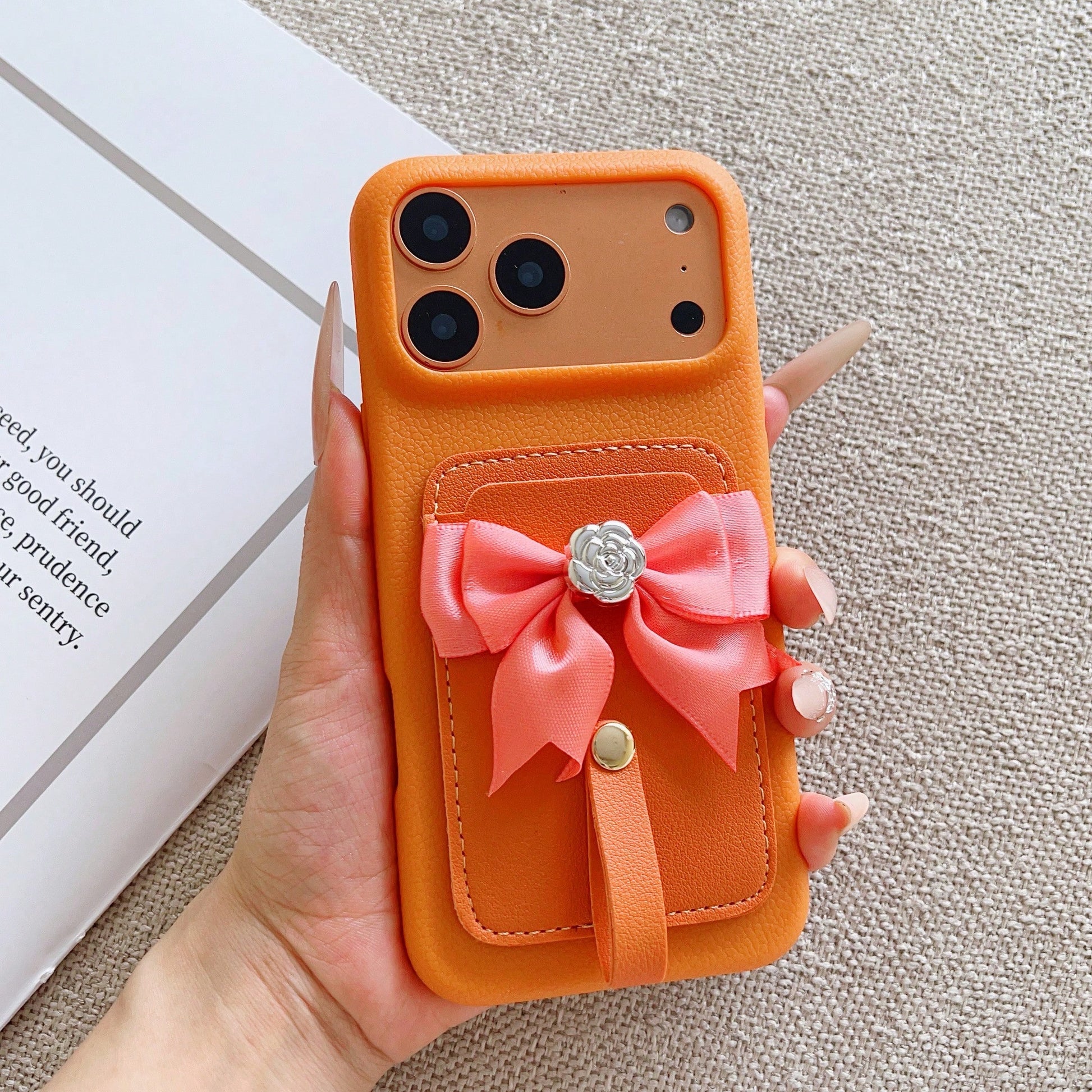 Orange Lychee Leather Card Holder Phone Case, Pink Satin Bow Silver Rose Wrist Strap Elegant Girly Shockproof Cover For IPhone 17 16 15 14 13 Pro Max