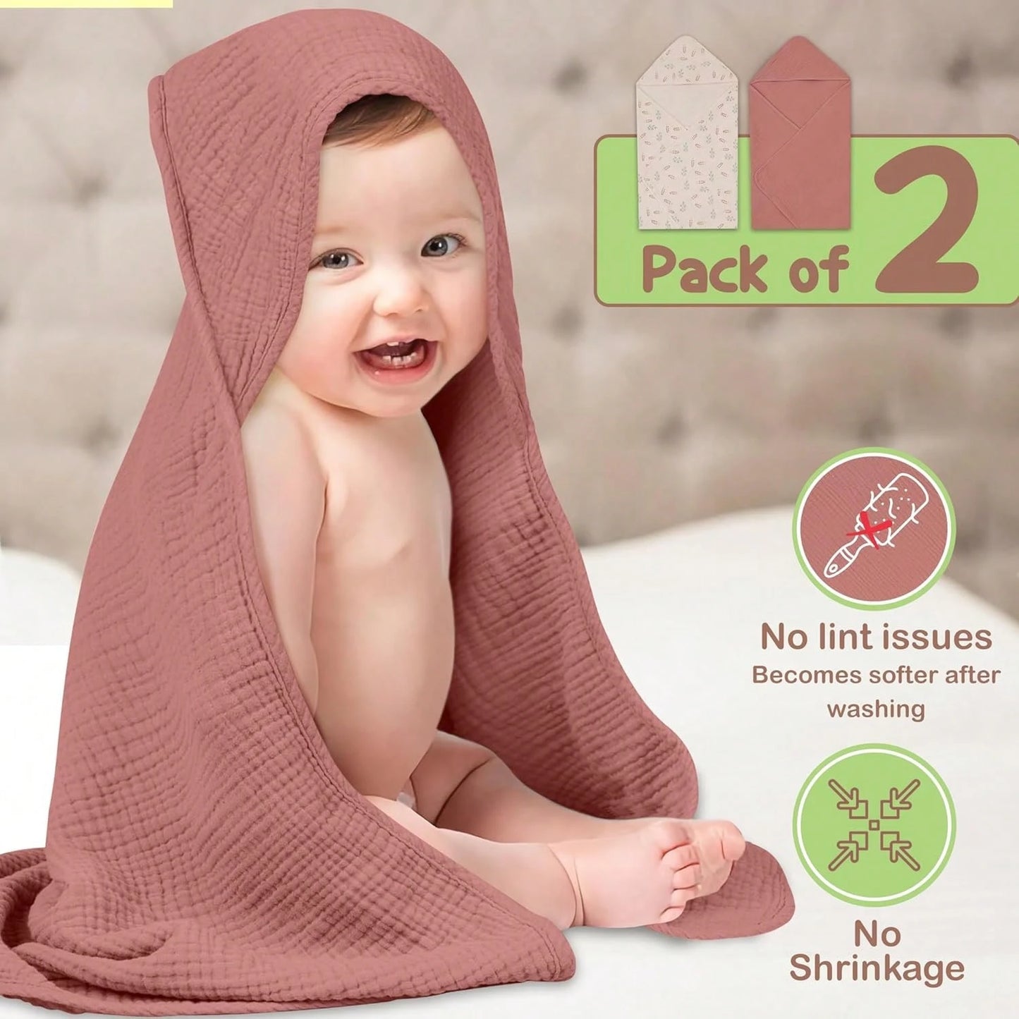 Organic Cotton Muslin Baby Hooded Towels Soft & Absorbent Baby Towels For Newborn For Boys & Girls, Premium Hooded Towels, Ultra-Gentle Baby Essential