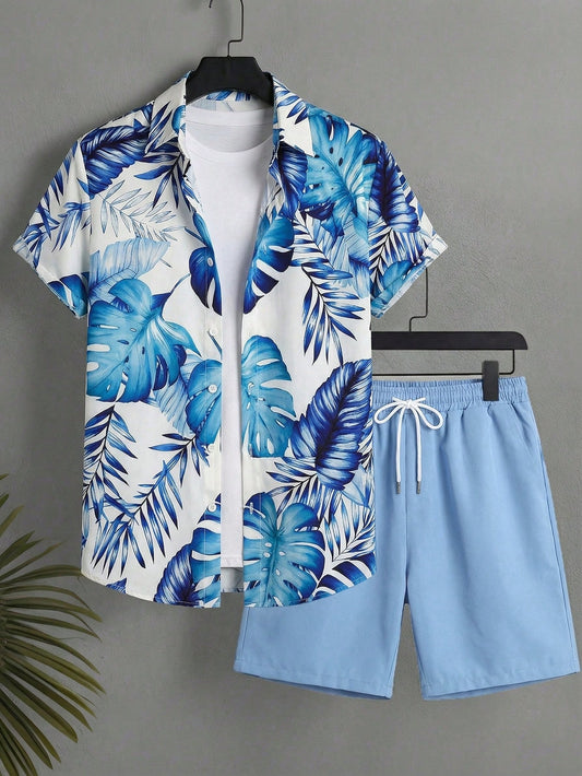Oro Vacation Plus Size Men's White And Blue Floral Leaf Print Single-Breasted Short Sleeve Top And Shorts Set,Summer Boho Holiday Vacation Hawaii Tropical Beach