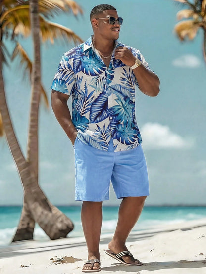 Oro Vacation Plus Size Men's White And Blue Floral Leaf Print Single-Breasted Short Sleeve Top And Shorts Set,Summer Boho Holiday Vacation Hawaii Tropical Beach