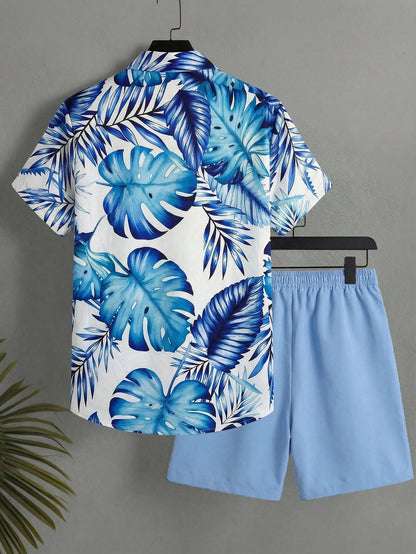 Oro Vacation Plus Size Men's White And Blue Floral Leaf Print Single-Breasted Short Sleeve Top And Shorts Set,Summer Boho Holiday Vacation Hawaii Tropical Beach