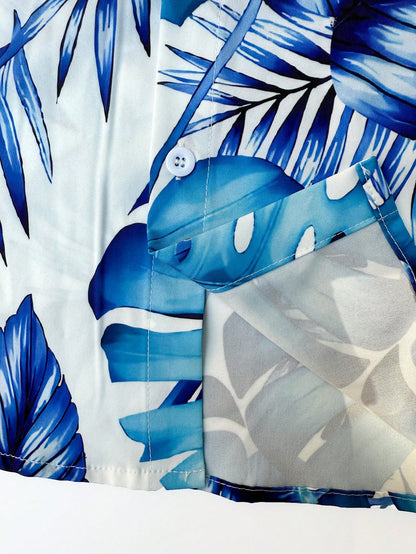 Oro Vacation Plus Size Men's White And Blue Floral Leaf Print Single-Breasted Short Sleeve Top And Shorts Set,Summer Boho Holiday Vacation Hawaii Tropical Beach