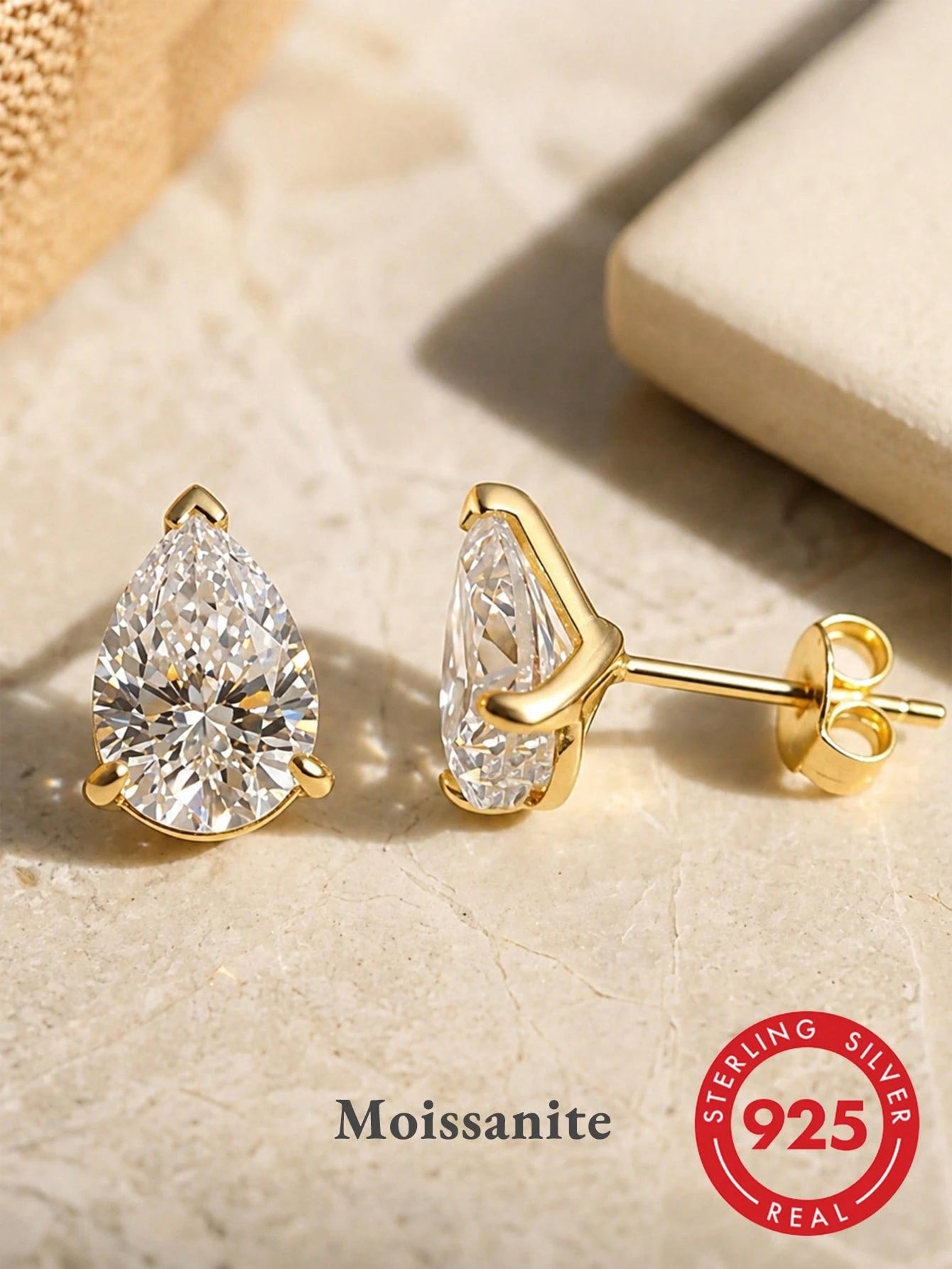 ORSA JEWELS 1 Pair 925 Sterling Silver 14k Gold Water Drop Cut Moissanite Stud Earrings Cute Jewelry For Women, Men Wedding Party Banquet Gift, Birthday Present