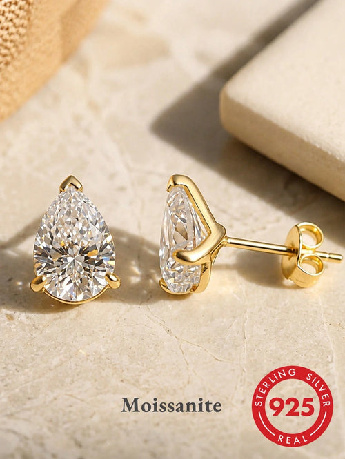 ORSA JEWELS 1 Pair 925 Sterling Silver 14k Gold Water Drop Cut Moissanite Stud Earrings Cute Jewelry For Women, Men Wedding Party Banquet Gift, Birthday Present
