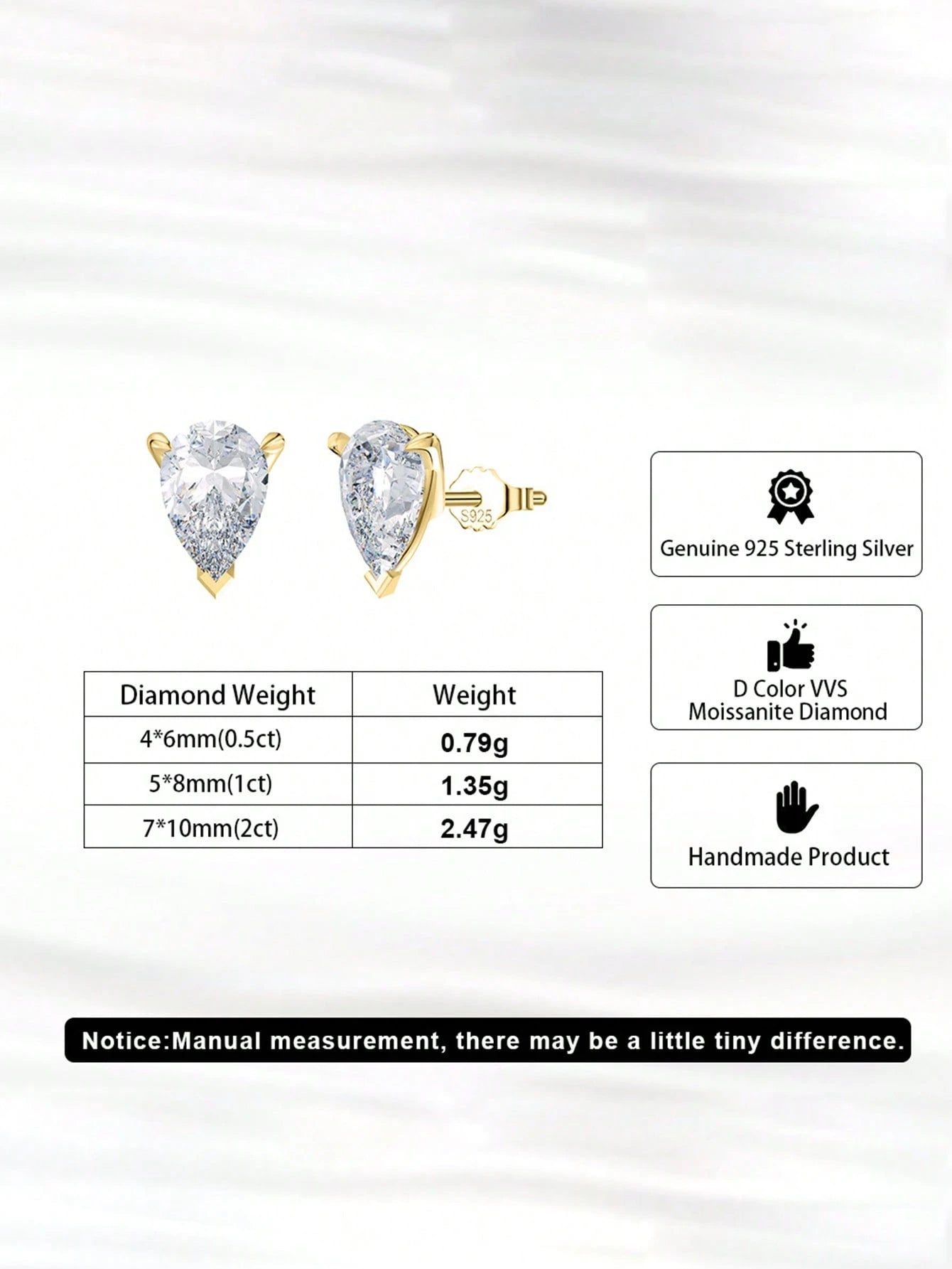 ORSA JEWELS 1 Pair 925 Sterling Silver 14k Gold Water Drop Cut Moissanite Stud Earrings Cute Jewelry For Women, Men Wedding Party Banquet Gift, Birthday Present