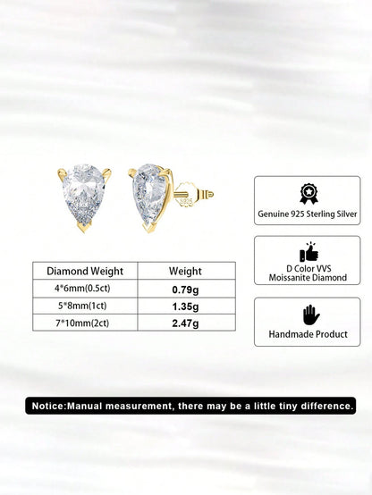 ORSA JEWELS 1 Pair 925 Sterling Silver 14k Gold Water Drop Cut Moissanite Stud Earrings Cute Jewelry For Women, Men Wedding Party Banquet Gift, Birthday Present