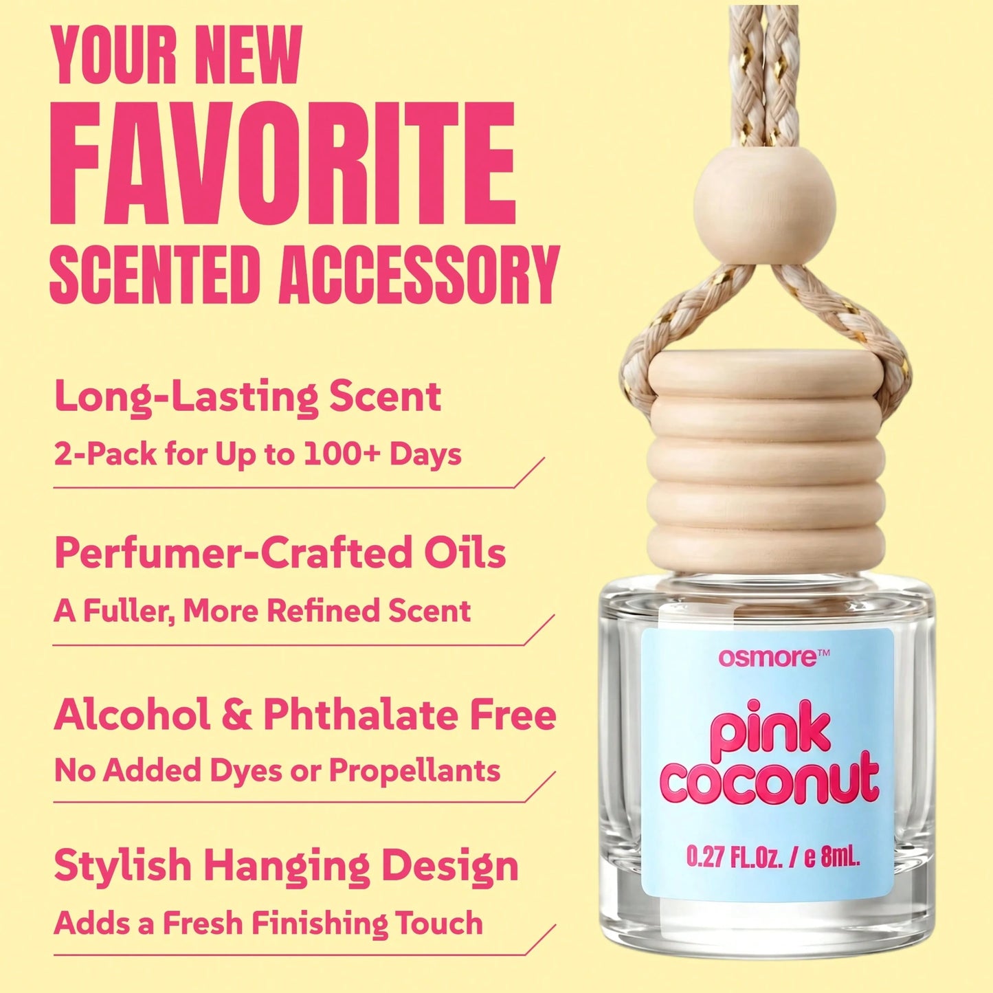 Osmore Summer Tropical Gift For Girls & Women, Pink Coconut Breeze Car Air Freshener Diffuser, Long-Lasting Hanging Fragrance Oil, Aromatherapy Essential Oil, 4-Pack Beachy Car Perfume Pendant, Cute C