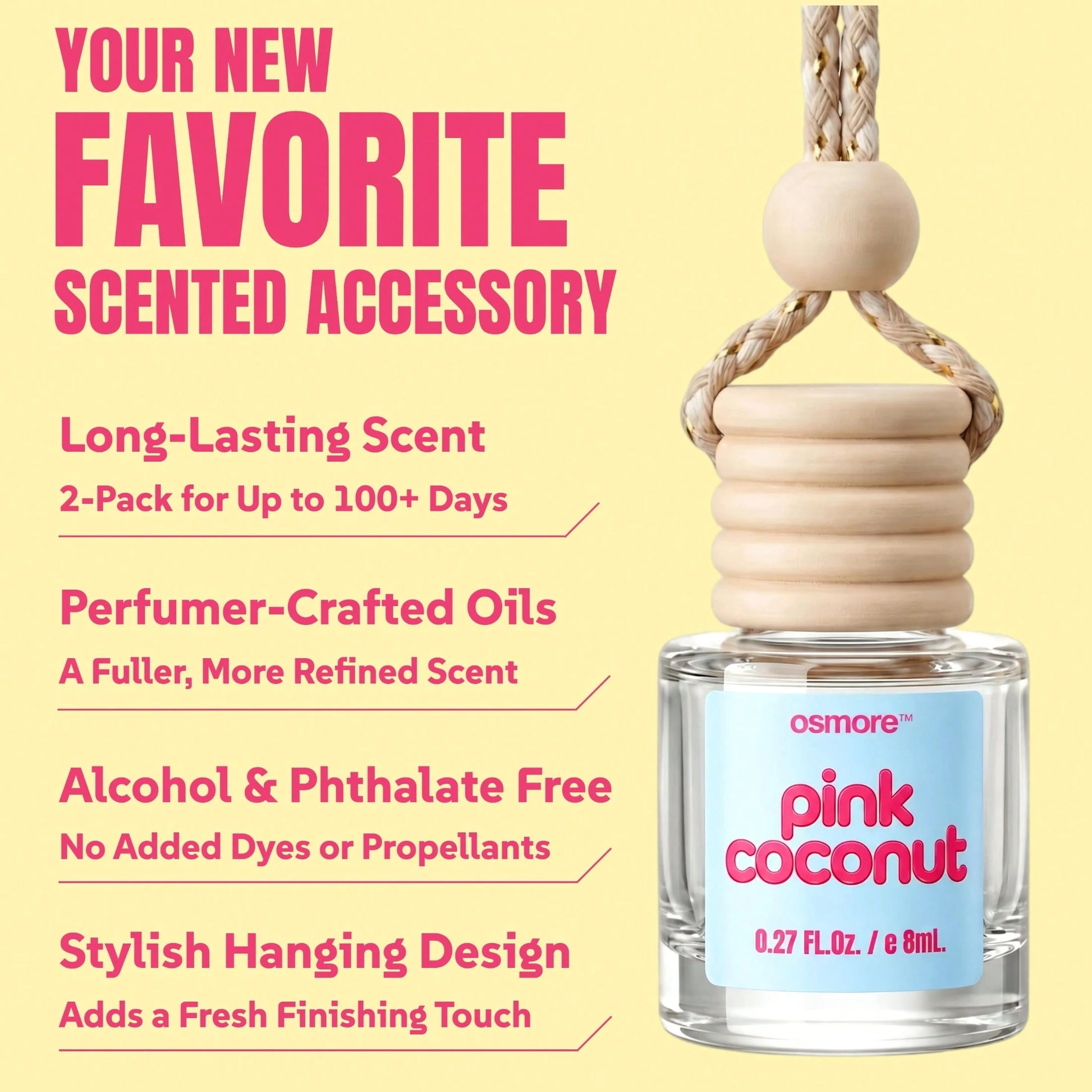Osmore Summer Tropical Gift For Girls & Women, Pink Coconut Breeze Car Air Freshener Diffuser, Long-Lasting Hanging Fragrance Oil, Aromatherapy Essential Oil, 4-Pack Beachy Car Perfume Pendant, Cute C