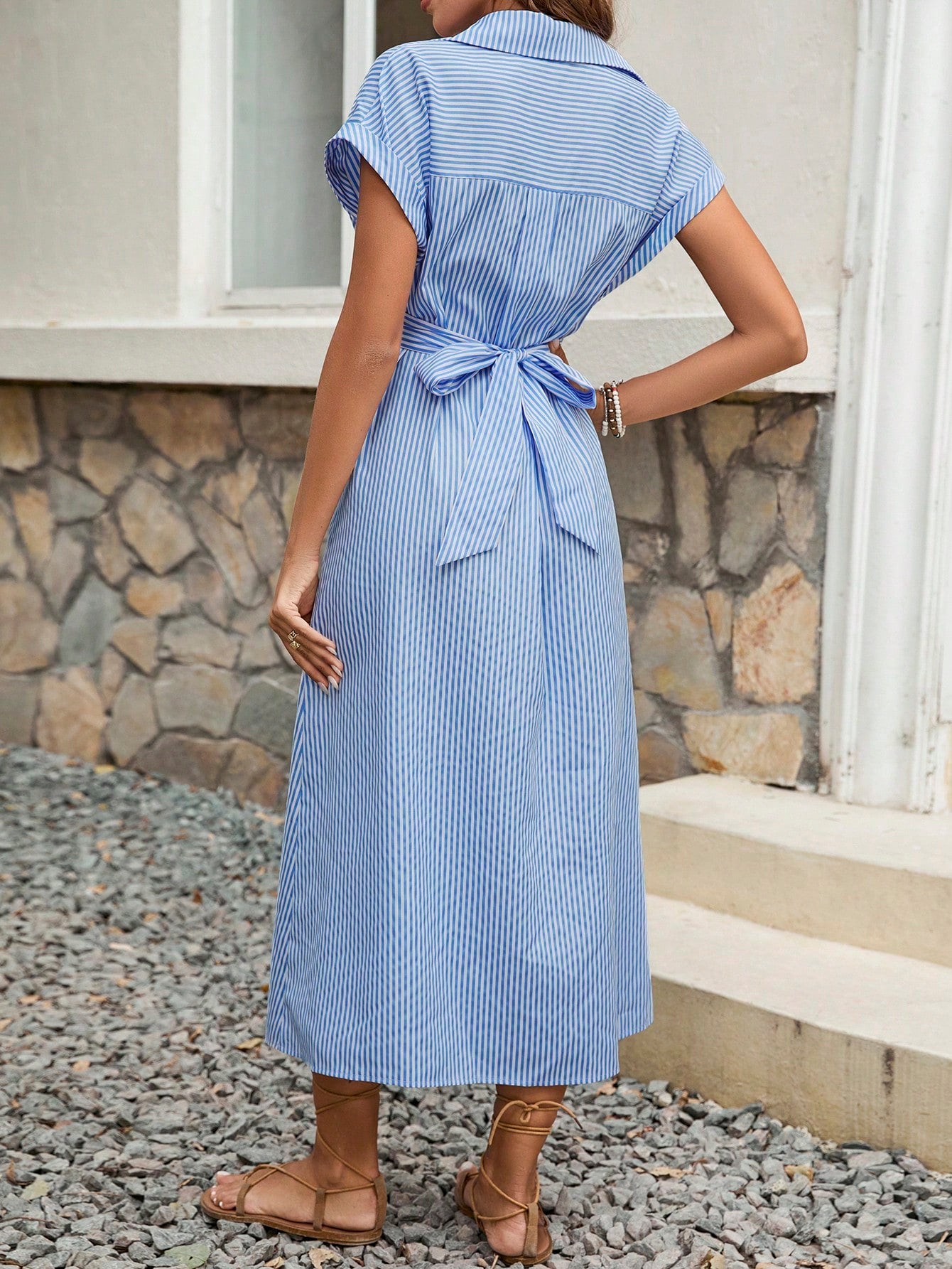 Pariaura Twisted Detail Striped Shirt Dress For Casual Occasion Maxi Women Outfit