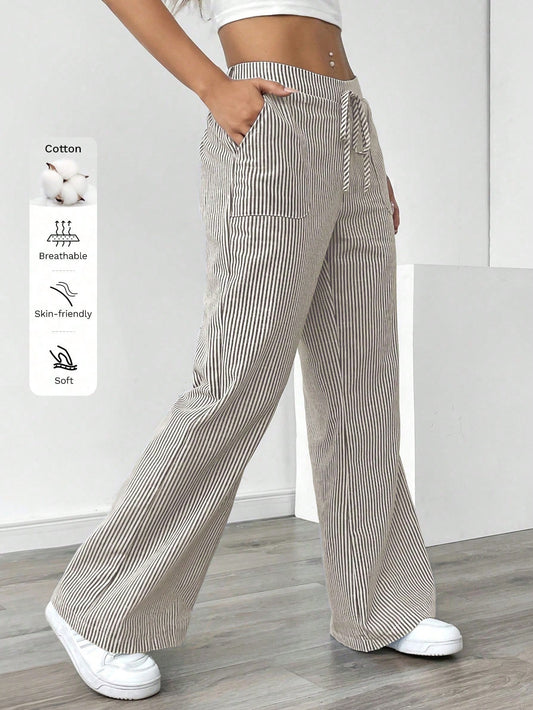Pariaura Women's Blue Striped Low Waist Wide Leg Pants, Casual & Vacation Wear Fall Cloth For Women