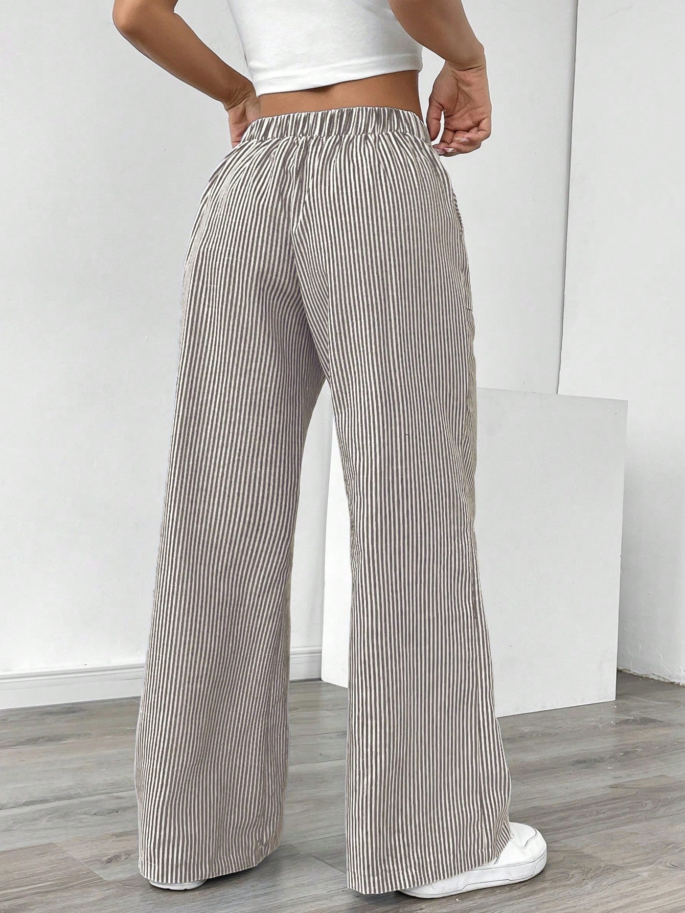 Pariaura Women's Blue Striped Low Waist Wide Leg Pants, Casual & Vacation Wear Fall Cloth For Women