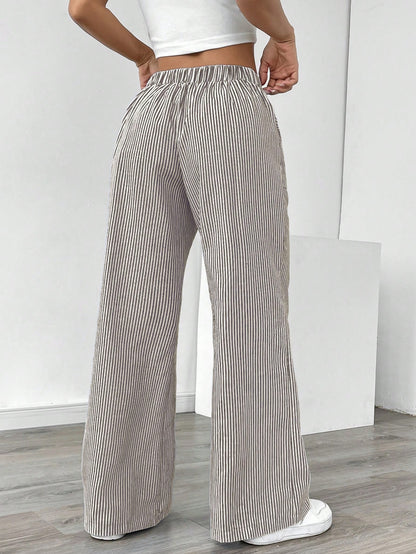 Pariaura Women's Blue Striped Low Waist Wide Leg Pants, Casual & Vacation Wear Fall Cloth For Women