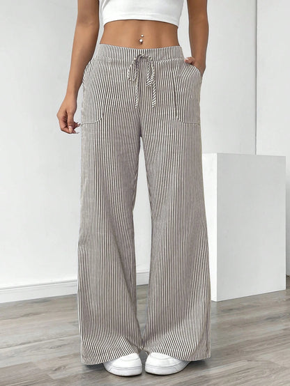 Pariaura Women's Blue Striped Low Waist Wide Leg Pants, Casual & Vacation Wear Fall Cloth For Women