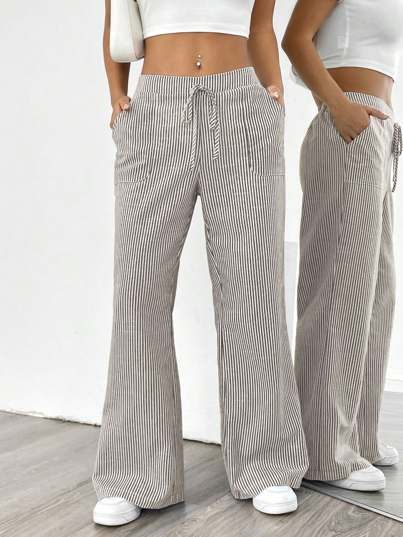 Pariaura Women's Blue Striped Low Waist Wide Leg Pants, Casual & Vacation Wear Fall Cloth For Women