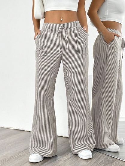 Pariaura Women's Blue Striped Low Waist Wide Leg Pants, Casual & Vacation Wear Fall Cloth For Women