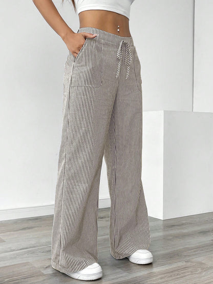 Pariaura Women's Blue Striped Low Waist Wide Leg Pants, Casual & Vacation Wear Fall Cloth For Women
