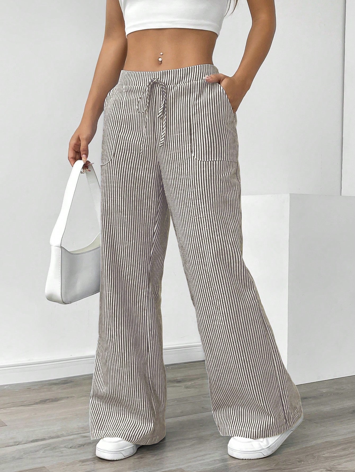 Pariaura Women's Blue Striped Low Waist Wide Leg Pants, Casual & Vacation Wear Fall Cloth For Women