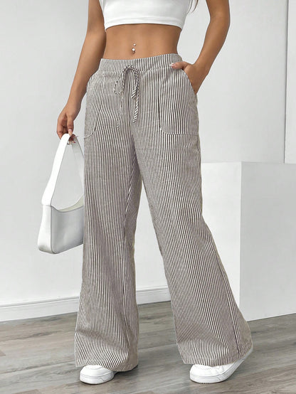 Pariaura Women's Blue Striped Low Waist Wide Leg Pants, Casual & Vacation Wear Fall Cloth For Women
