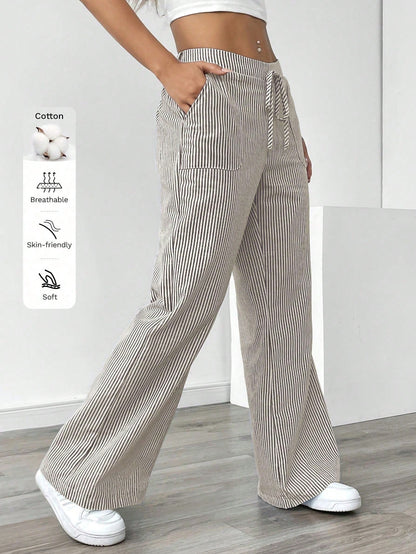 Pariaura Women's Blue Striped Low Waist Wide Leg Pants, Casual & Vacation Wear Fall Cloth For Women