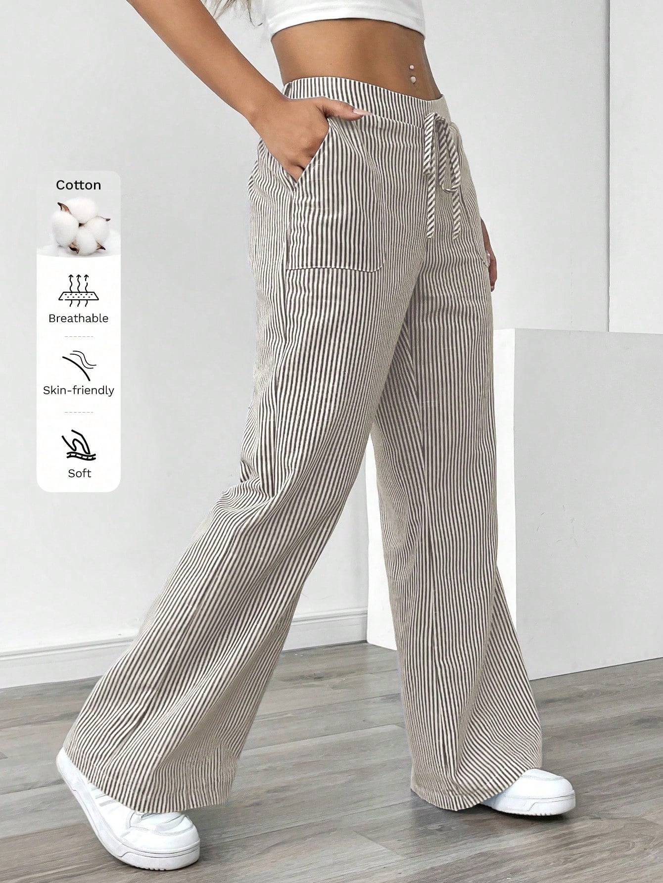 Pariaura Women's Blue Striped Low Waist Wide Leg Pants, Casual & Vacation Wear Fall Cloth For Women