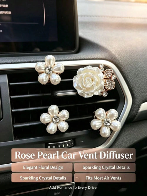 Pearl Rhinestone Rose Flower Car Air Vent Aromatherapy Clip, Luxury High-End Car Air Vent Interior Fragrance Decoration, Rhinestone Luxury Women's Car Air Vent Decoration Faux Pearl Rhinestone Five-Pe