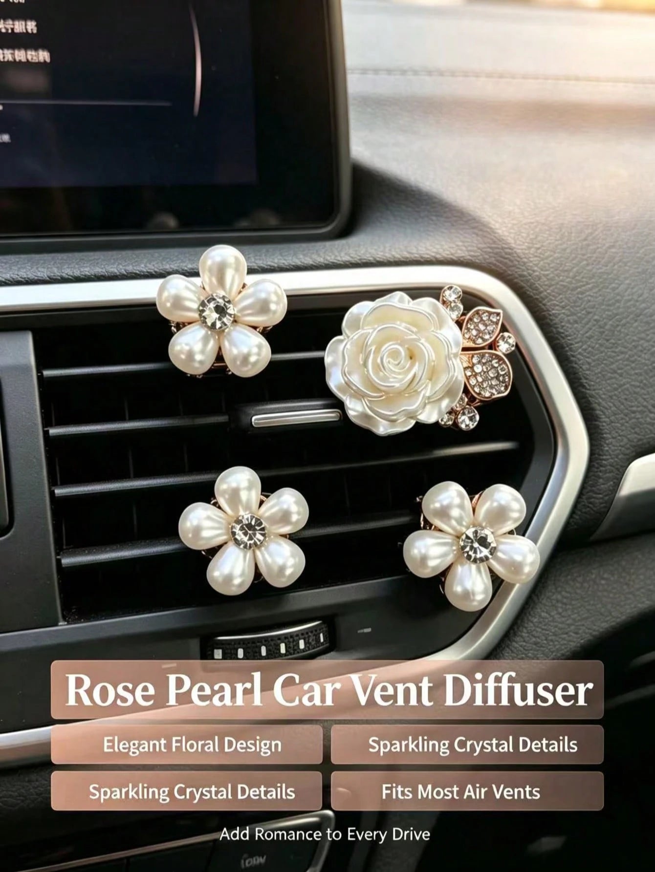 Pearl Rhinestone Rose Flower Car Air Vent Aromatherapy Clip, Luxury High-End Car Air Vent Interior Fragrance Decoration, Rhinestone Luxury Women's Car Air Vent Decoration Faux Pearl Rhinestone Five-Pe