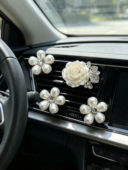Pearl Rhinestone Rose Flower Car Air Vent Aromatherapy Clip, Luxury High-End Car Air Vent Interior Fragrance Decoration, Rhinestone Luxury Women's Car Air Vent Decoration Faux Pearl Rhinestone Five-Pe