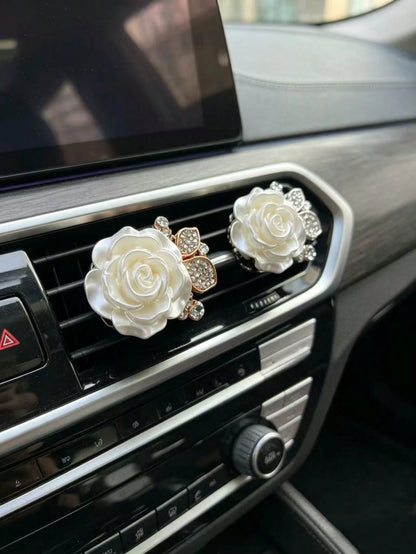 Pearl Rhinestone Rose Flower Car Air Vent Aromatherapy Clip, Luxury High-End Car Air Vent Interior Fragrance Decoration, Rhinestone Luxury Women's Car Air Vent Decoration Faux Pearl Rhinestone Five-Pe