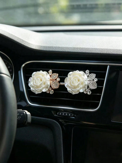 Pearl Rhinestone Rose Flower Car Air Vent Aromatherapy Clip, Luxury High-End Car Air Vent Interior Fragrance Decoration, Rhinestone Luxury Women's Car Air Vent Decoration Faux Pearl Rhinestone Five-Pe