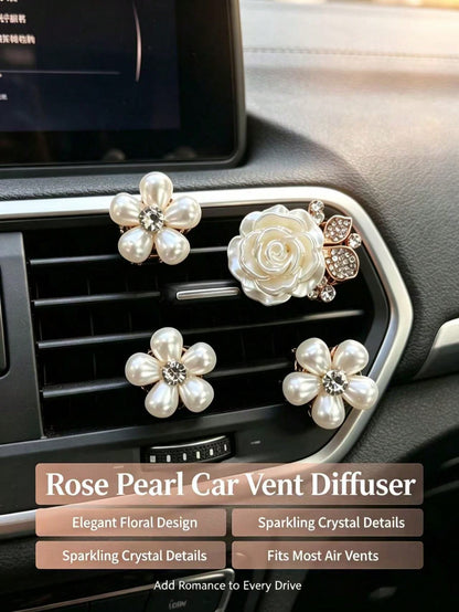 Pearl Rhinestone Rose Flower Car Air Vent Aromatherapy Clip, Luxury High-End Car Air Vent Interior Fragrance Decoration, Rhinestone Luxury Women's Car Air Vent Decoration Faux Pearl Rhinestone Five-Pe