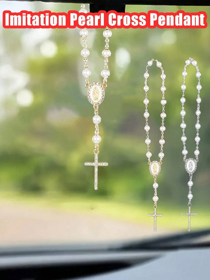 Pearl Rosary Cross Pendant Rearview Mirror Charm- Elegant Catholic Religious Rearview Mirror Decor With Glossy Beads- Fits Most Cars/SUVs- Inspirational Gift For Baptism/First Communion/Christmas (