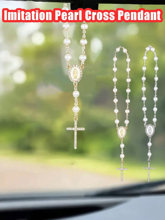 Pearl Rosary Cross Pendant Rearview Mirror Charm- Elegant Catholic Religious Rearview Mirror Decor With Glossy Beads- Fits Most Cars/SUVs- Inspirational Gift For Baptism/First Communion/Christmas (